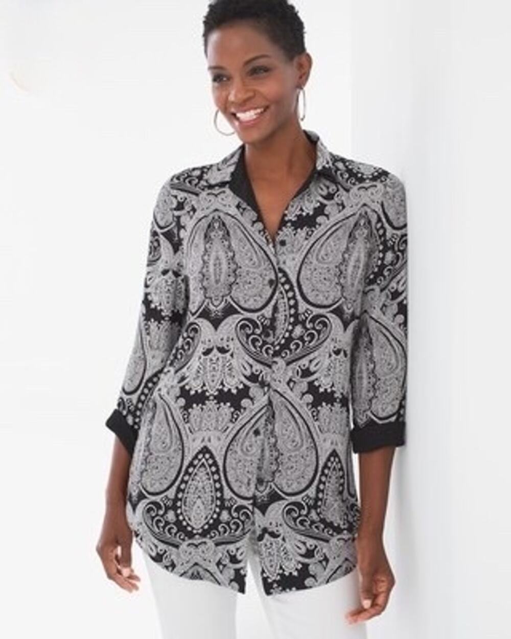 CHICOS | Womens Reversible Paisley-Solid Shirt NEW Size XXS Black Career Chic